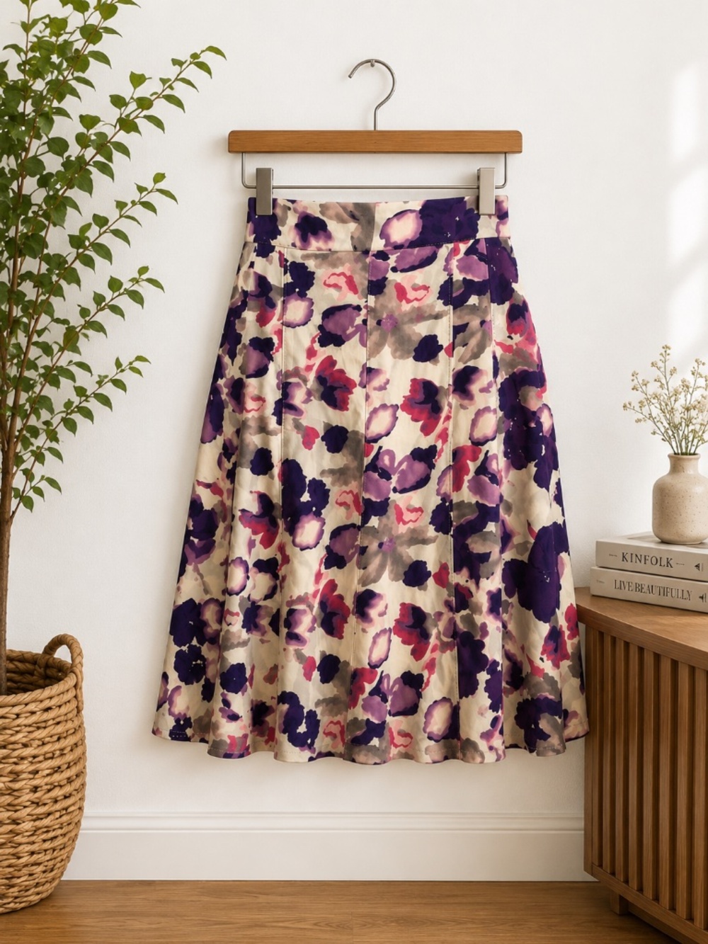 Floral Midi Skirt Purple Pink A-Line Pleated Feminine Cottagecore